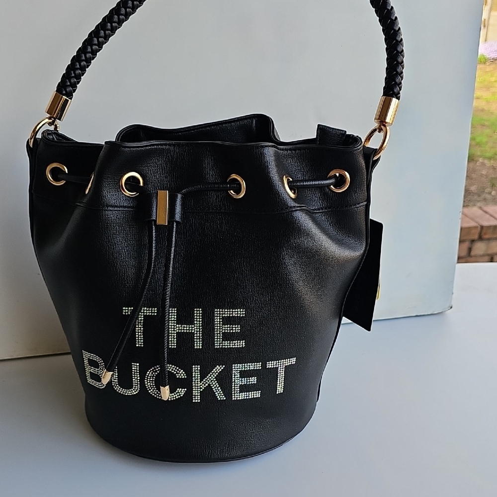 Black Bucket Shoulder Bag with Gold Accents